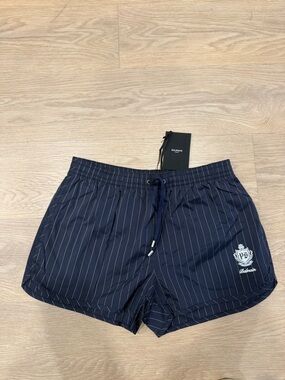 Balmain Navy Pinstripe Swim Shorts
